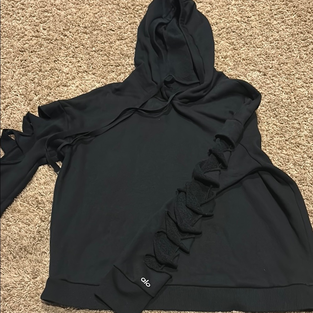 ALO Yoga Black Hooded Sweatshirt with Slit Sleeve Detail